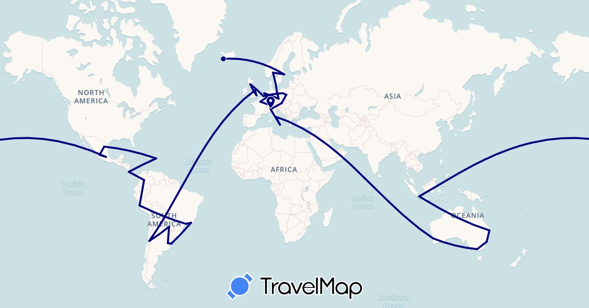 TravelMap itinerary: driving in Argentina, Austria, Australia, Belgium, Brazil, Switzerland, Chile, Colombia, Costa Rica, Czech Republic, Germany, Denmark, France, United Kingdom, Indonesia, Iceland, Italy, Mexico, Netherlands, Norway, Peru, Poland, Paraguay, Sweden, United States, Uruguay (Asia, Europe, North America, Oceania, South America)
