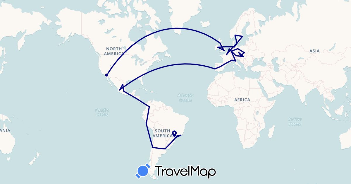 TravelMap itinerary: driving in Argentina, Austria, Belgium, Brazil, Chile, Colombia, Czech Republic, Germany, Denmark, Spain, France, United Kingdom, Hungary, Ireland, Italy, Mexico, Netherlands, Norway, Peru, Poland, Portugal, Sweden, United States (Europe, North America, South America)